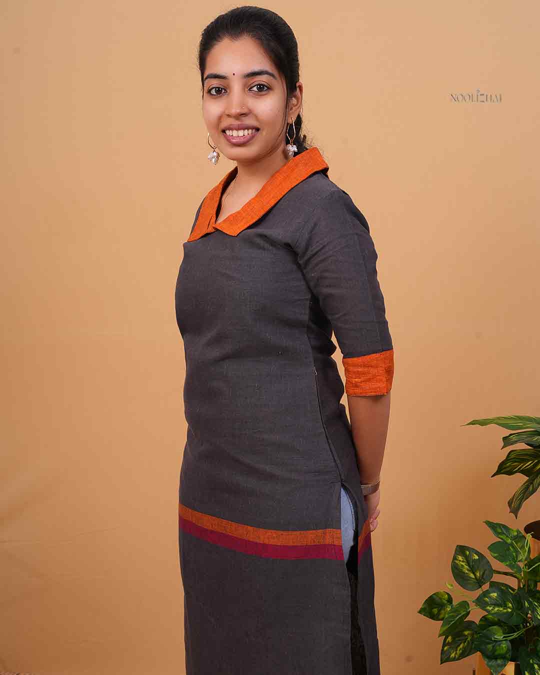 Charcoal Grey Cotton Kurti with Contrast Orange Collar