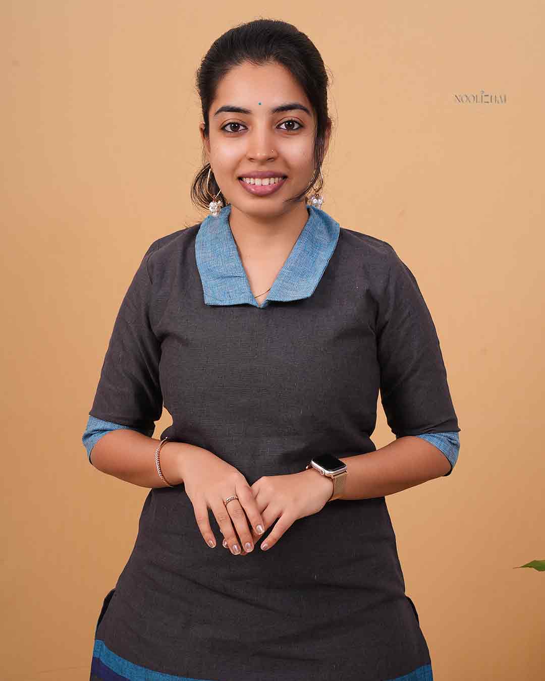 Charcoal Grey Straight Kurti with Blue Contrast Collar & Border