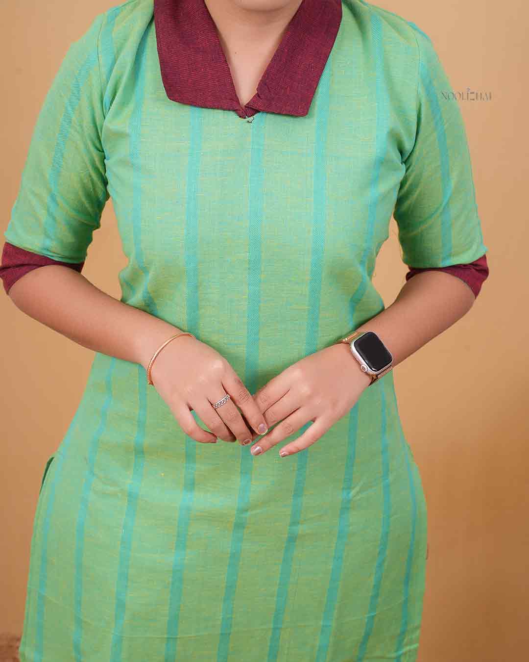 Mint Green Striped Straight Kurti with Contrast Collar
