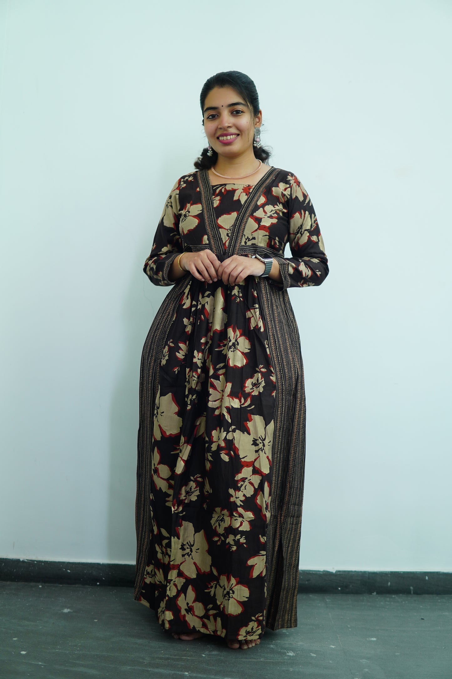 Coffee crush: Floral print full dress in earthy tones