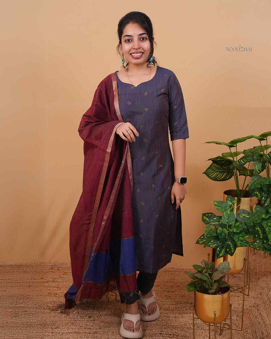 Classic Multi Blue Kurta with Maroon Border Dupatta