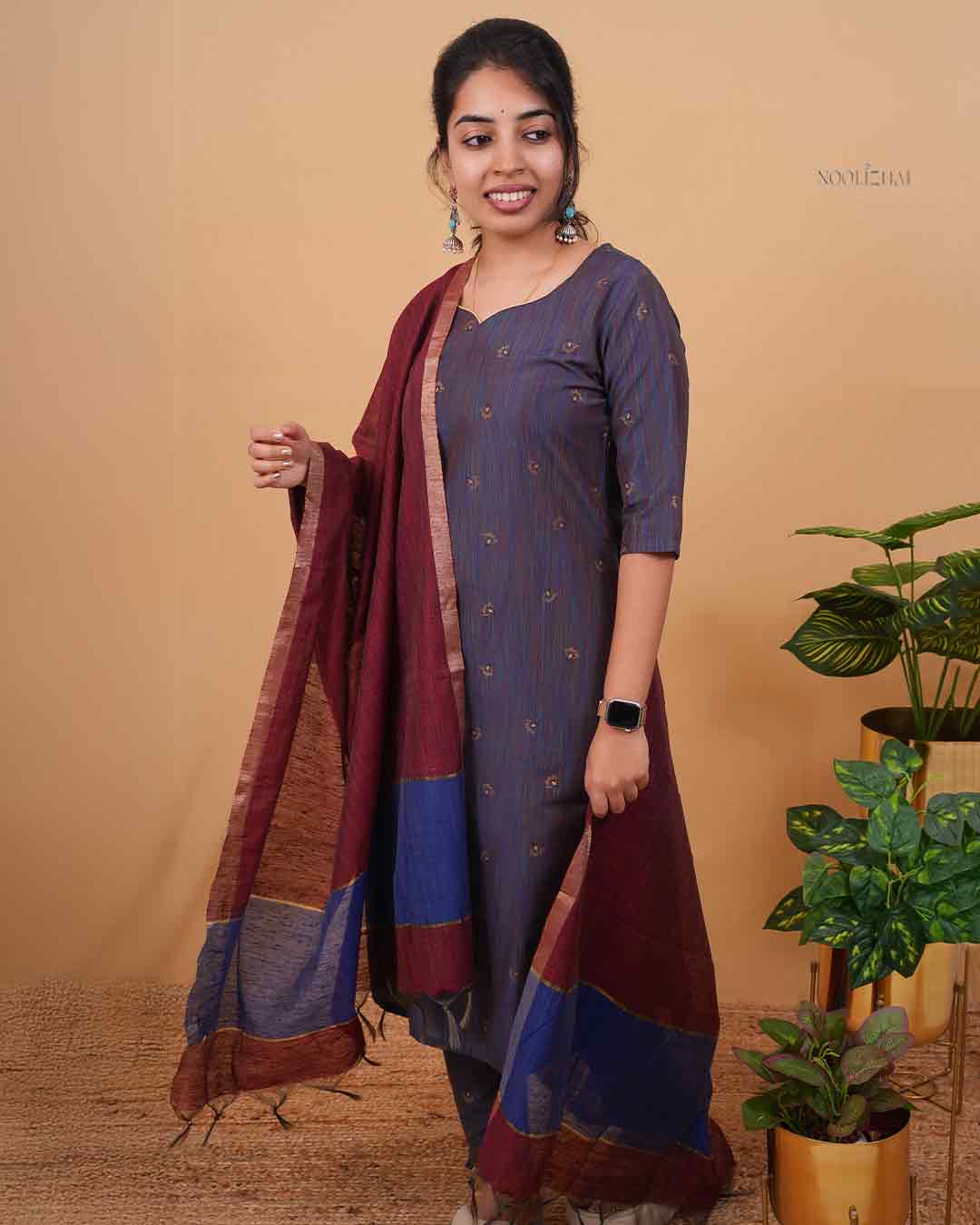 Classic Multi Blue Kurta with Maroon Border Dupatta