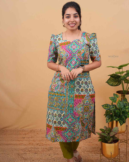 Green mosaic printed straight Kurti