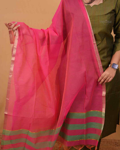 Olive Green Straight Kurti Set with Pink Silk Cotton Dupatta – Elegant Ethnic Wear