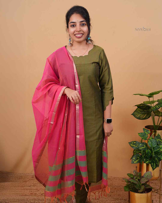 Olive Green Straight Kurti Set with Pink Silk Cotton Dupatta – Elegant Ethnic Wear