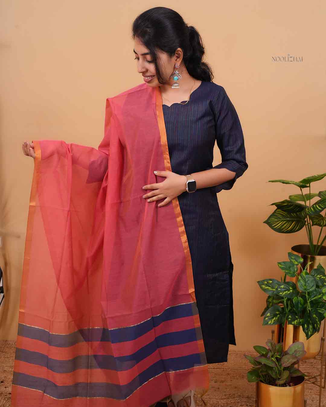 Navy Stripes Kurta with Contrast Dupatta