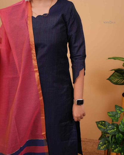 Navy Stripes Kurta with Contrast Dupatta