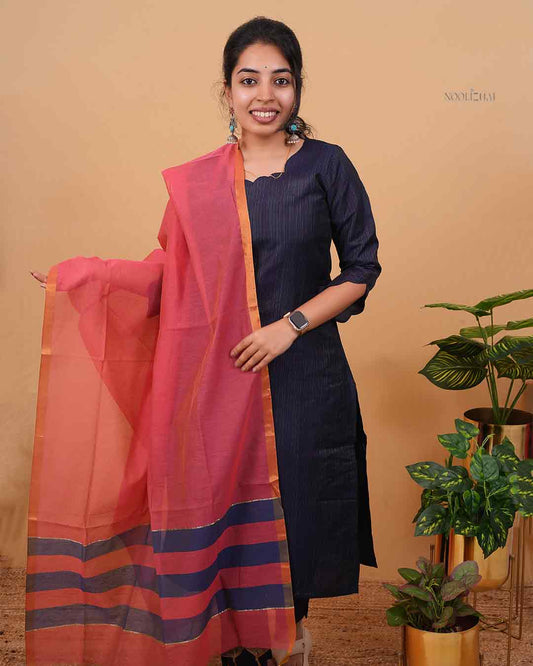 Navy Stripes Kurta with Contrast Dupatta