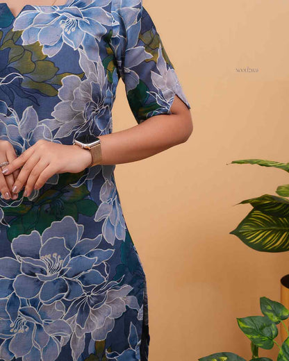 Women’s Blue Floral Print Straight Kurti with Puff Sleeves