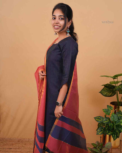Navy Stripes Kurta with Contrast Dupatta