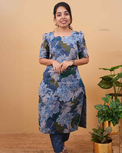Women’s Blue Floral Print Straight Kurti with Puff Sleeves