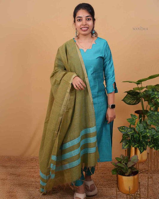 Aqua Blue Kurta Set with Earthy Green Dupatta