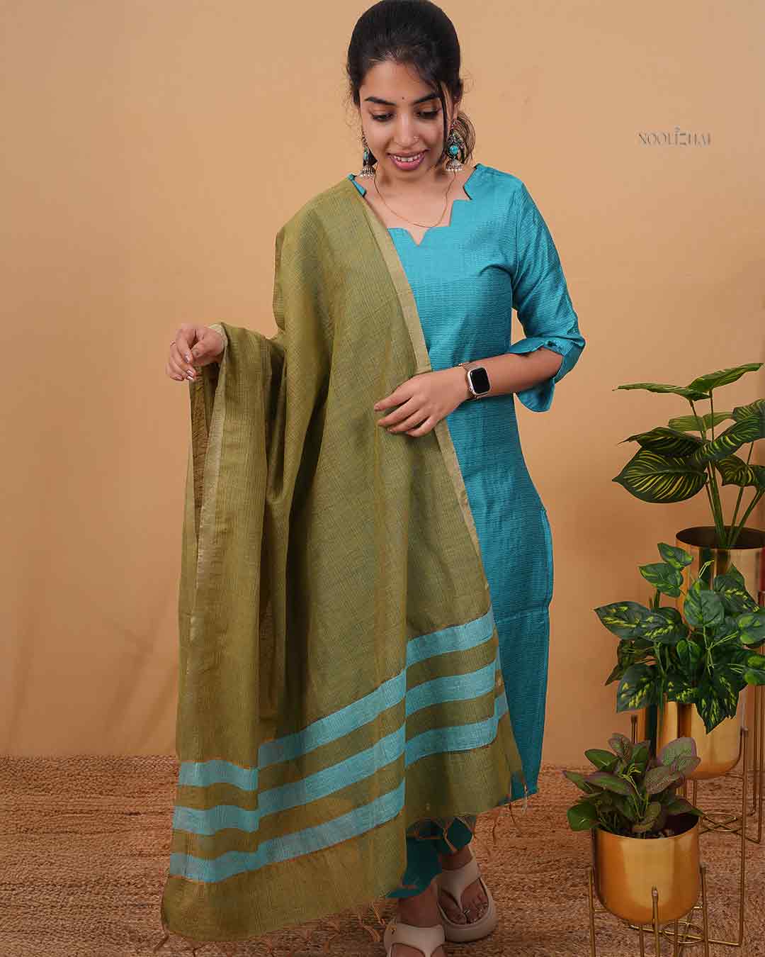 Aqua Blue Kurta Set with Earthy Green Dupatta