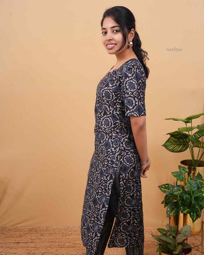 Women’s Printed Cotton Kurta Set with Straight Pants – BLUE Everyday Wear