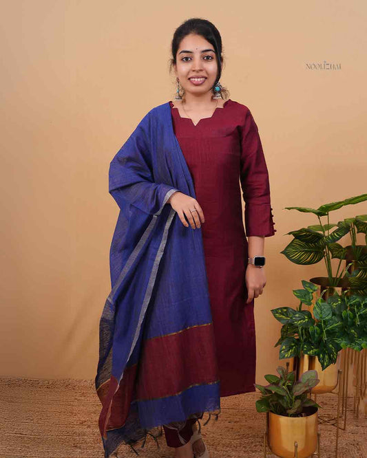 Maroon Straight Kurta Set with Royal Blue Dupatta