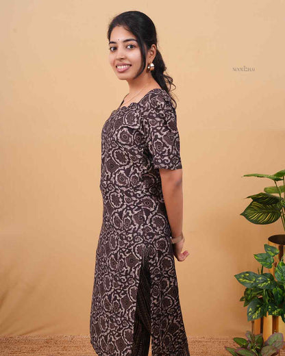 Women’s Printed Cotton Kurta Set with Straight Pants – BROWN Everyday Wear
