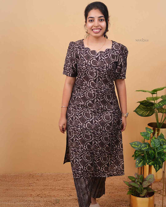 Women’s Printed Cotton Kurta Set with Straight Pants – BROWN Everyday Wear