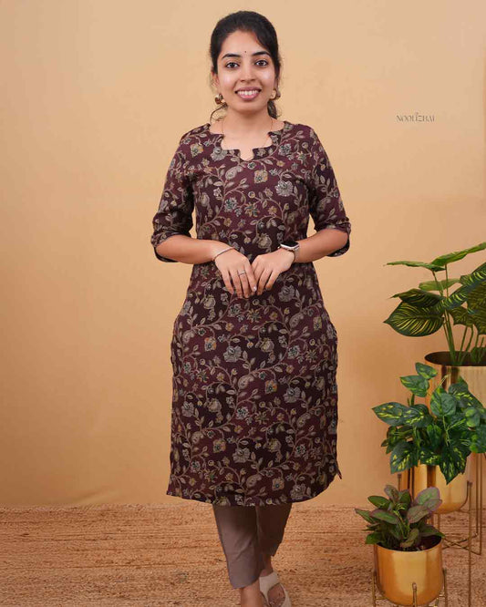 Women’s Classic Floral Cotton Kurti (Brown)