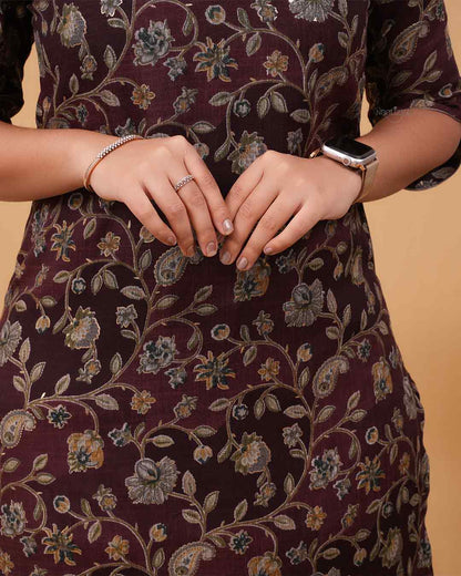 Women’s Classic Floral Cotton Kurti (Brown)