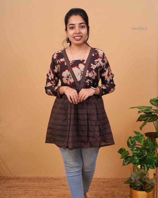 Brown Floral Print V-Neck Flared Tunic Top