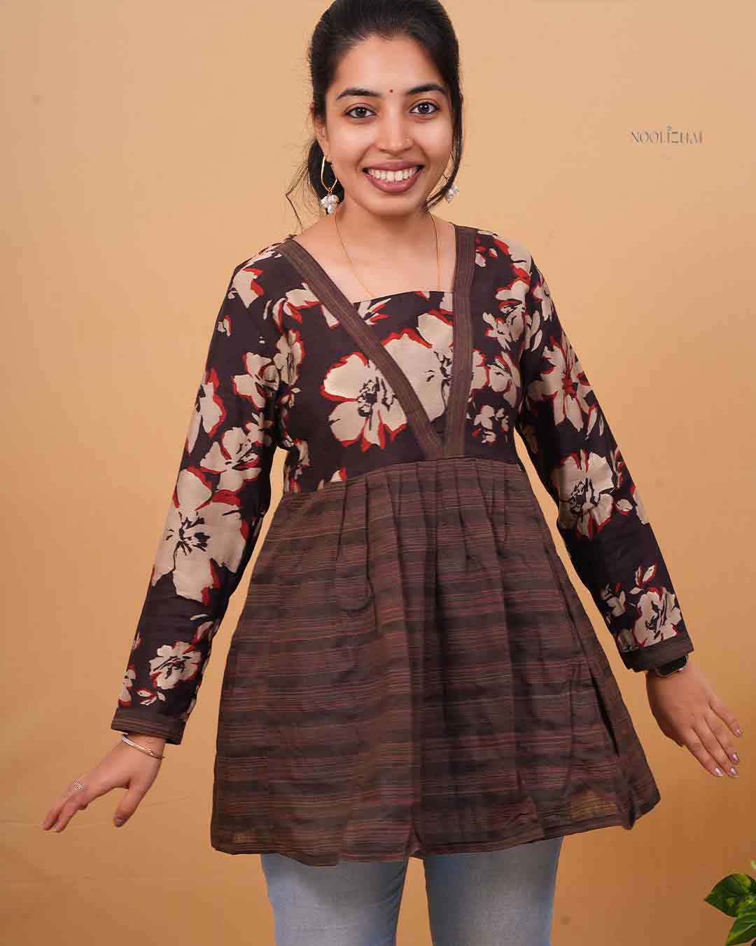Brown Floral Print V-Neck Flared Tunic Top