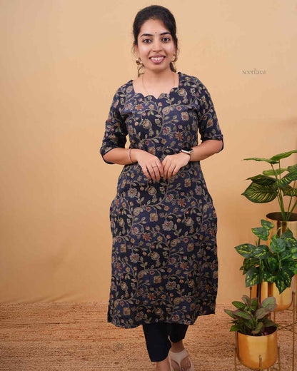 Women’s Classic Floral Cotton Kurti (Navy Blue)