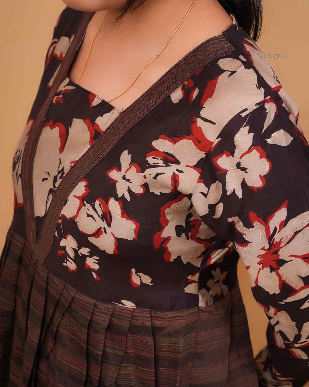 Brown Floral Print V-Neck Flared Tunic Top