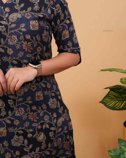 Women’s Classic Floral Cotton Kurti (Navy Blue)