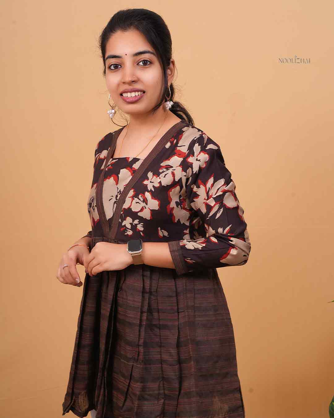 Brown Floral Print V-Neck Flared Tunic Top