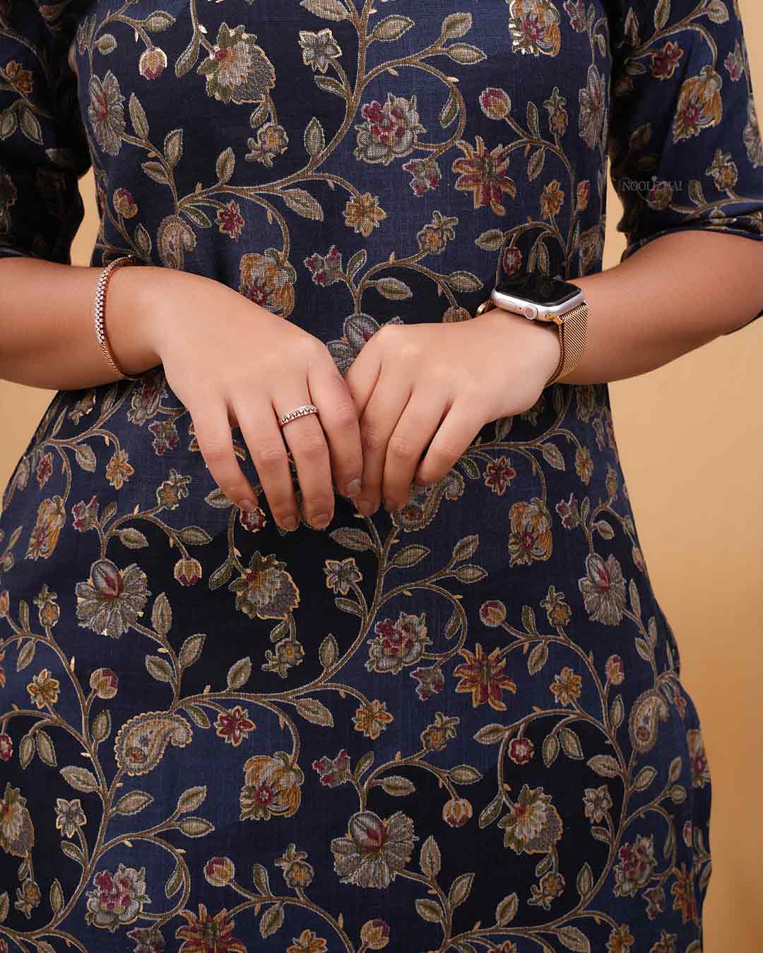 Women’s Classic Floral Cotton Kurti (Navy Blue)