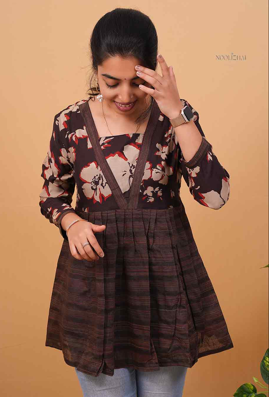 Brown Floral Print V-Neck Flared Tunic Top