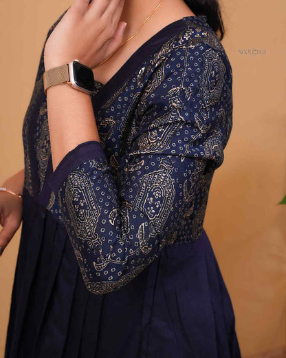 Navy Blue Printed V-Neck Flared Tunic Top