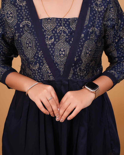 Navy Blue Printed V-Neck Flared Tunic Top