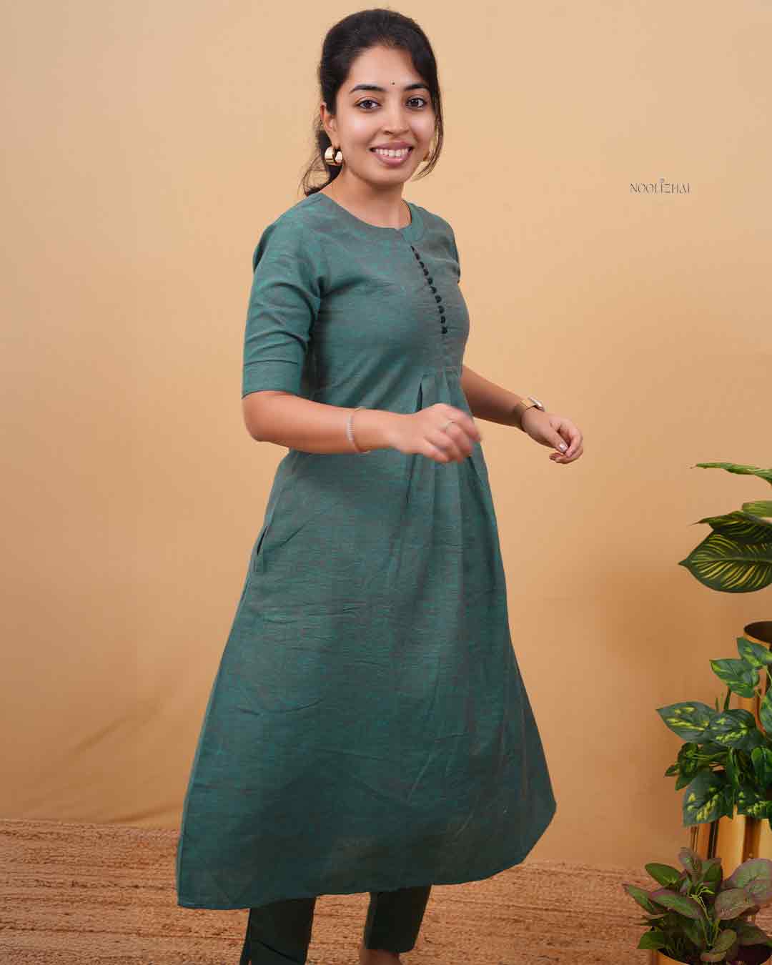 Teal Green A-Line Kurti with Pleated Front