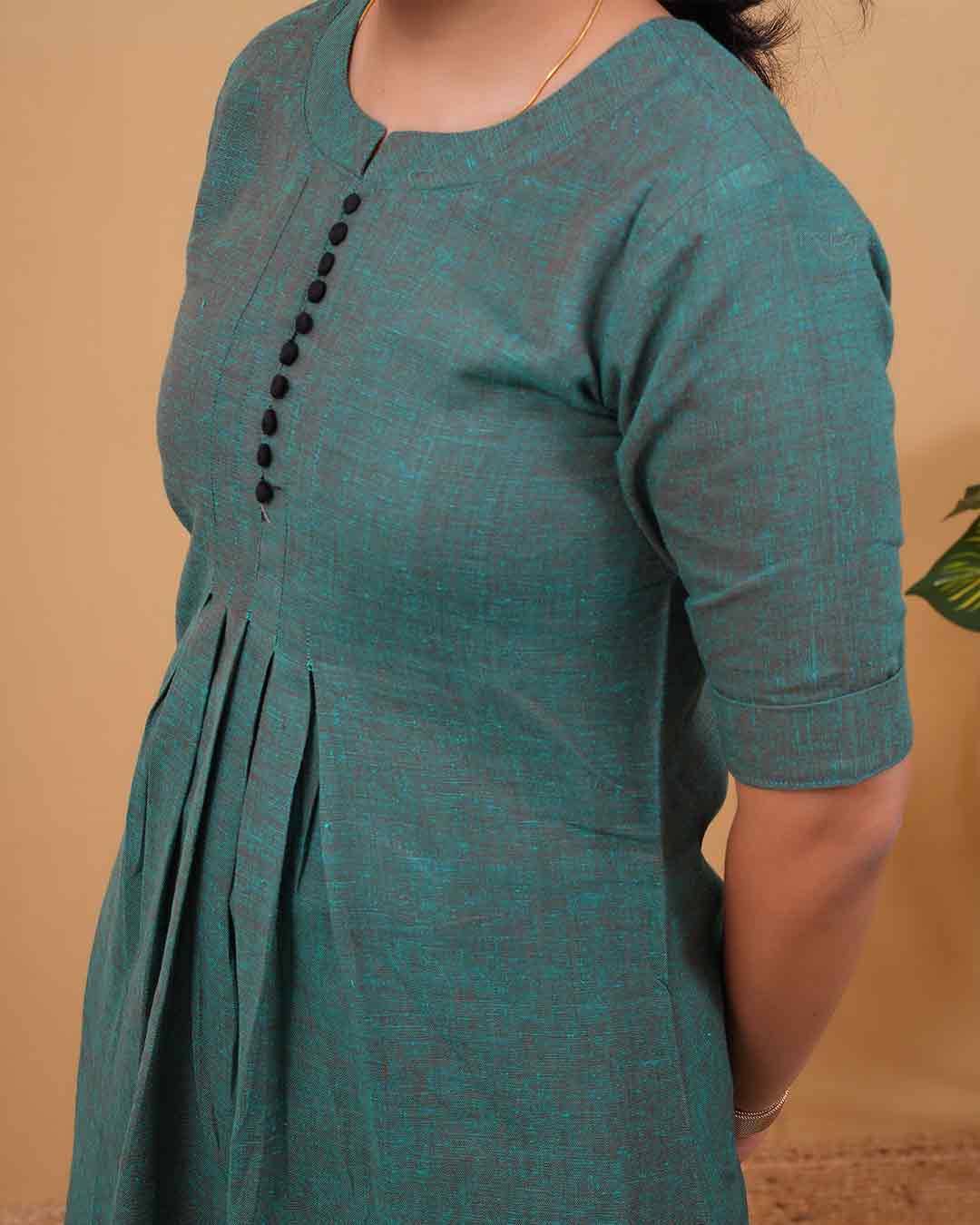 Teal Green A-Line Kurti with Pleated Front