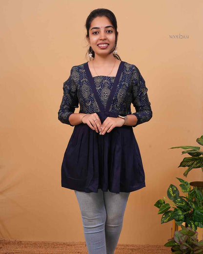 Navy Blue Printed V-Neck Flared Tunic Top