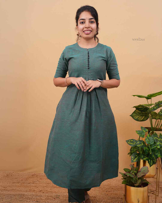 Teal Green A-Line Kurti with Pleated Front
