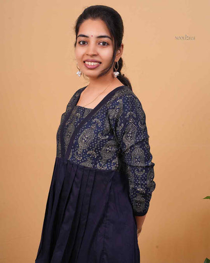 Navy Blue Printed V-Neck Flared Tunic Top