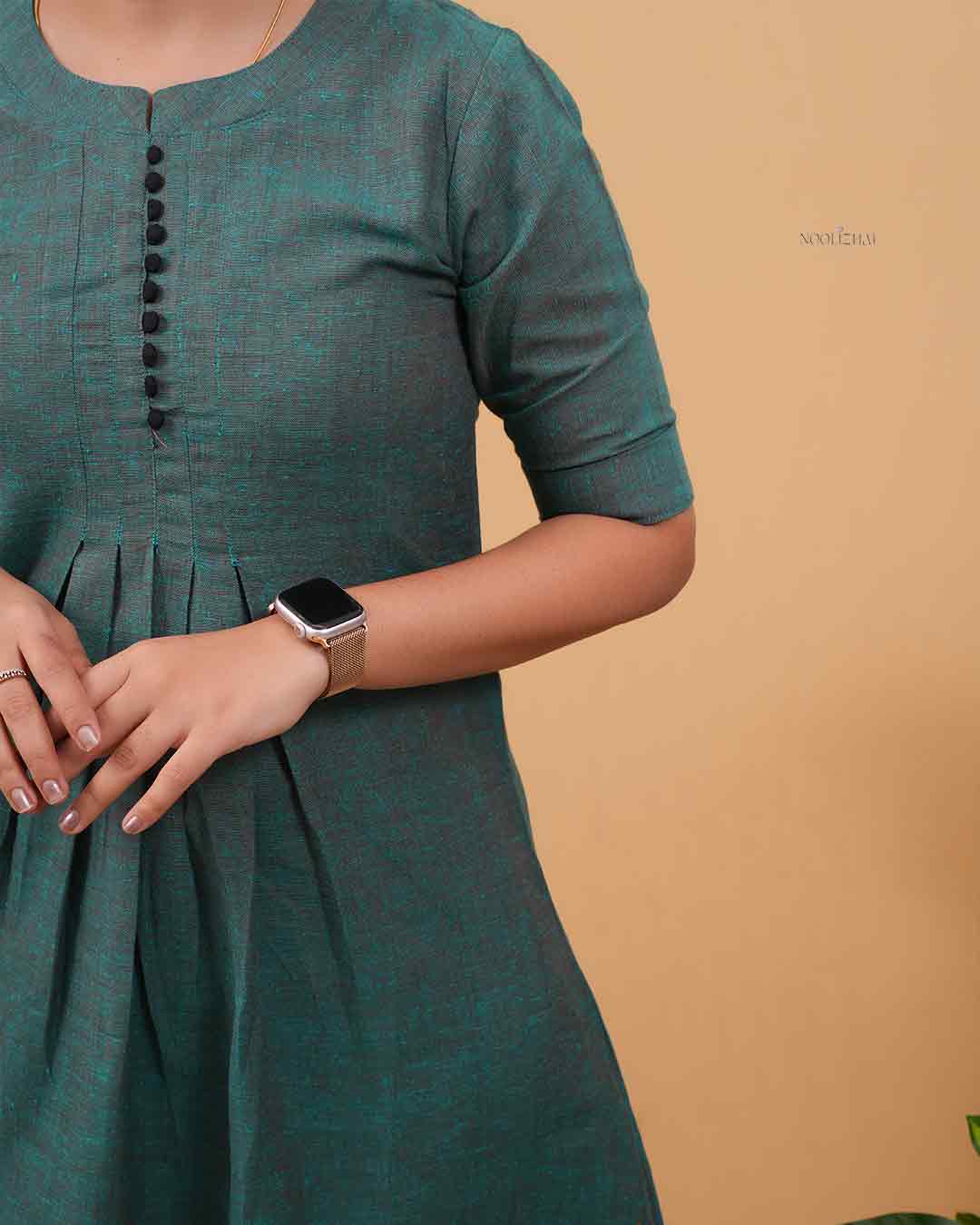 Teal Green A-Line Kurti with Pleated Front