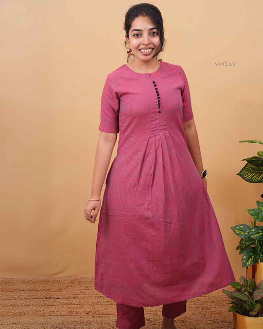 Rose Pink A-Line Kurti with Front Pleats