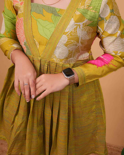 Multi Green Floral Print V-Neck Flared Tunic Top