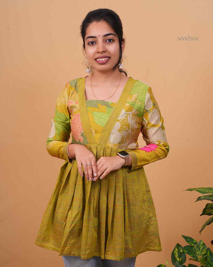 Multi Green Floral Print V-Neck Flared Tunic Top