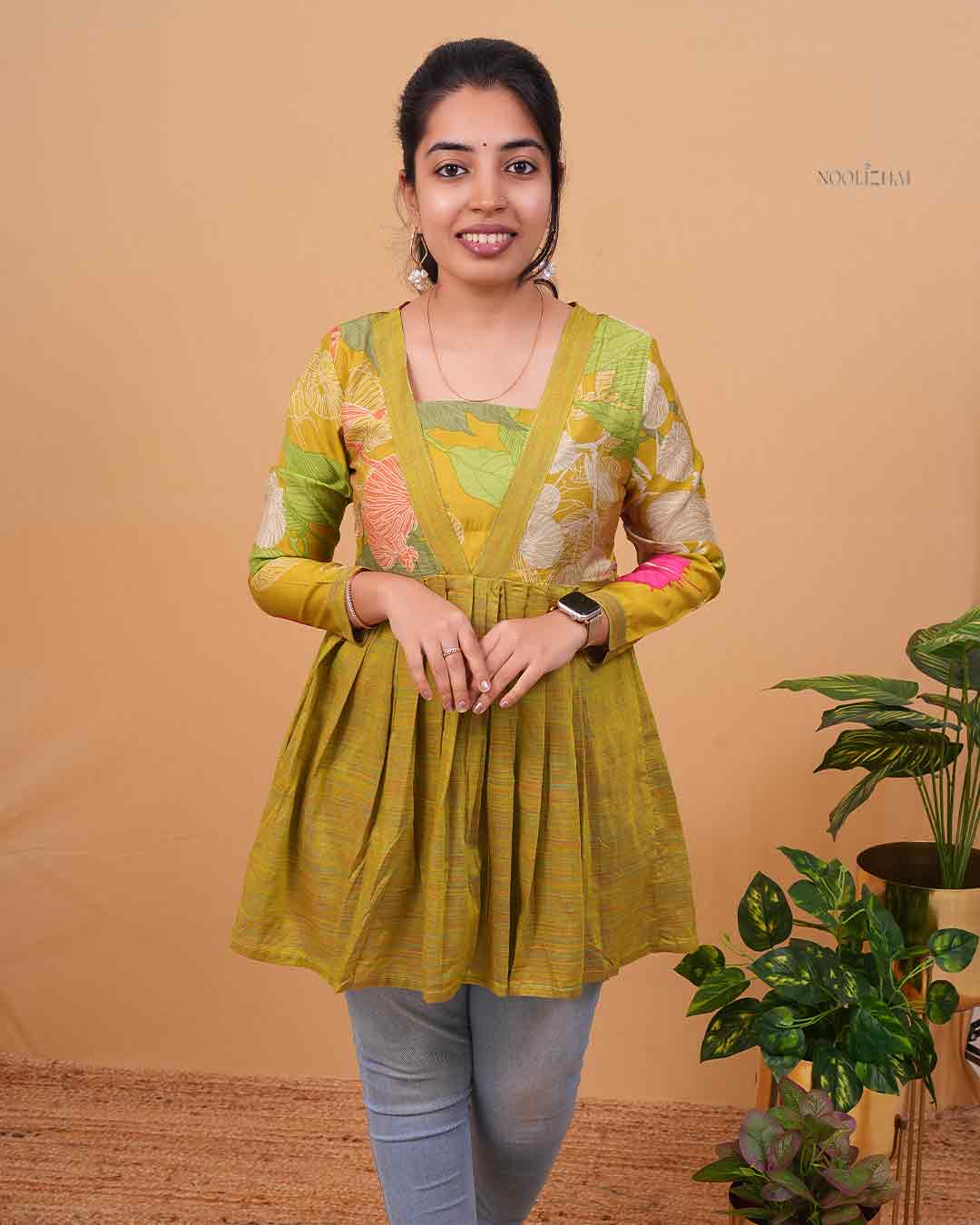 Multi Green Floral Print V-Neck Flared Tunic Top