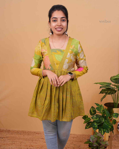 Multi Green Floral Print V-Neck Flared Tunic Top