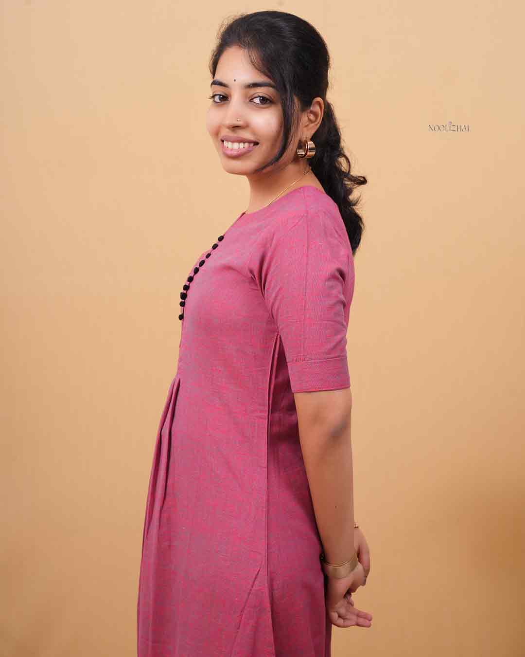 Rose Pink A-Line Kurti with Front Pleats