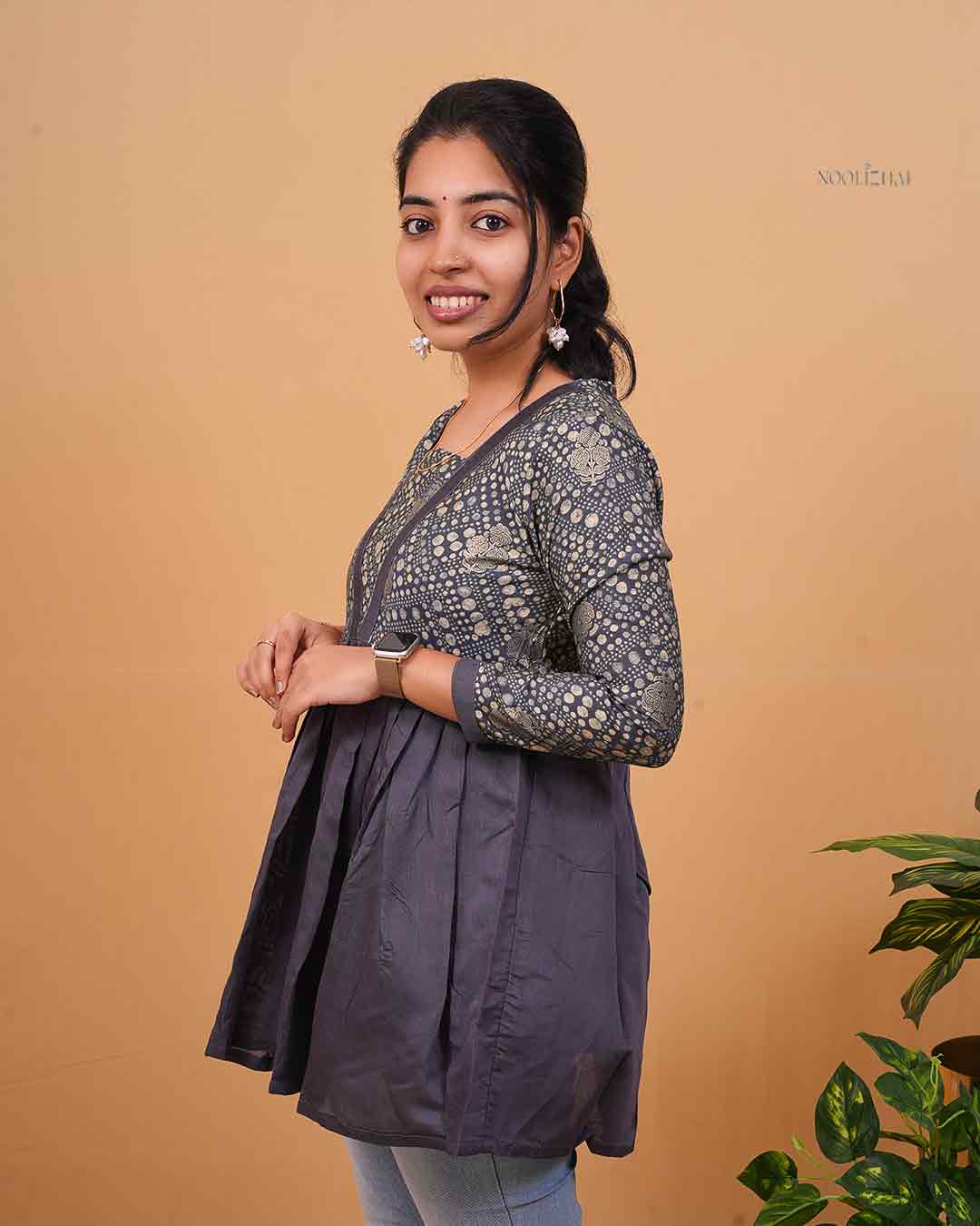 Grey Dot Printed Flared Kurti