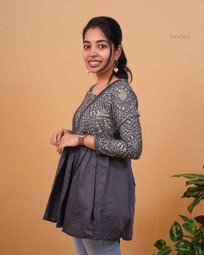 Grey Dot Printed Flared Kurti