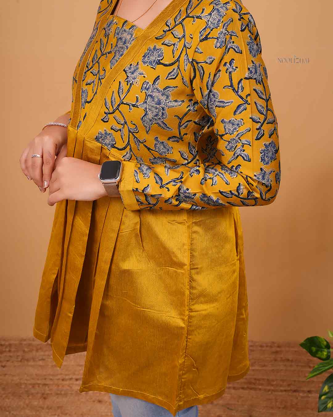 Mustard Yellow Printed Flared Kurti