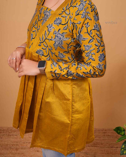 Mustard Yellow Printed Flared Kurti