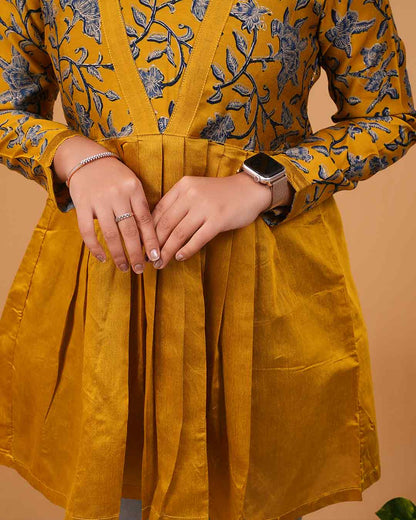 Mustard Yellow Printed Flared Kurti